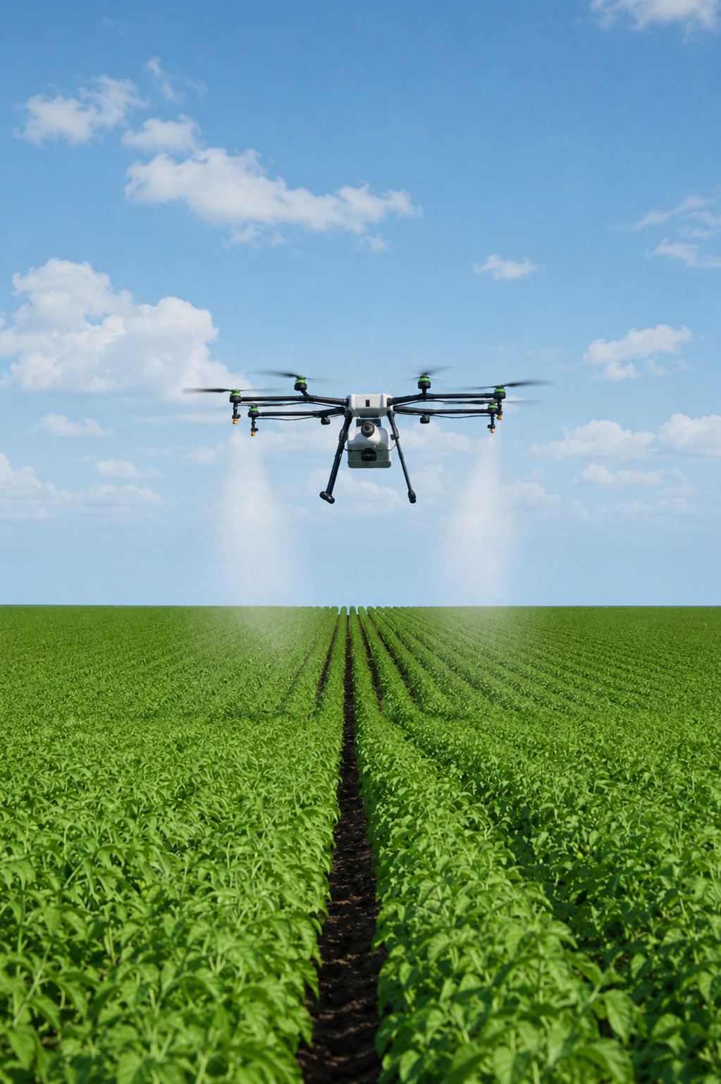 Agricultural drone applying treatment over a cultivated field